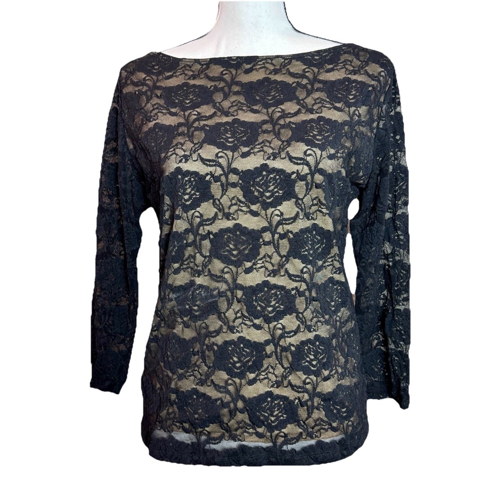 Vintage 90s Jessica Max Black Floral Mesh Women's Large Blouse Top Whimsigoth